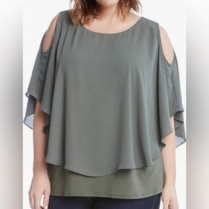 Karen Kane olive green layered cold shoulder top 1x
